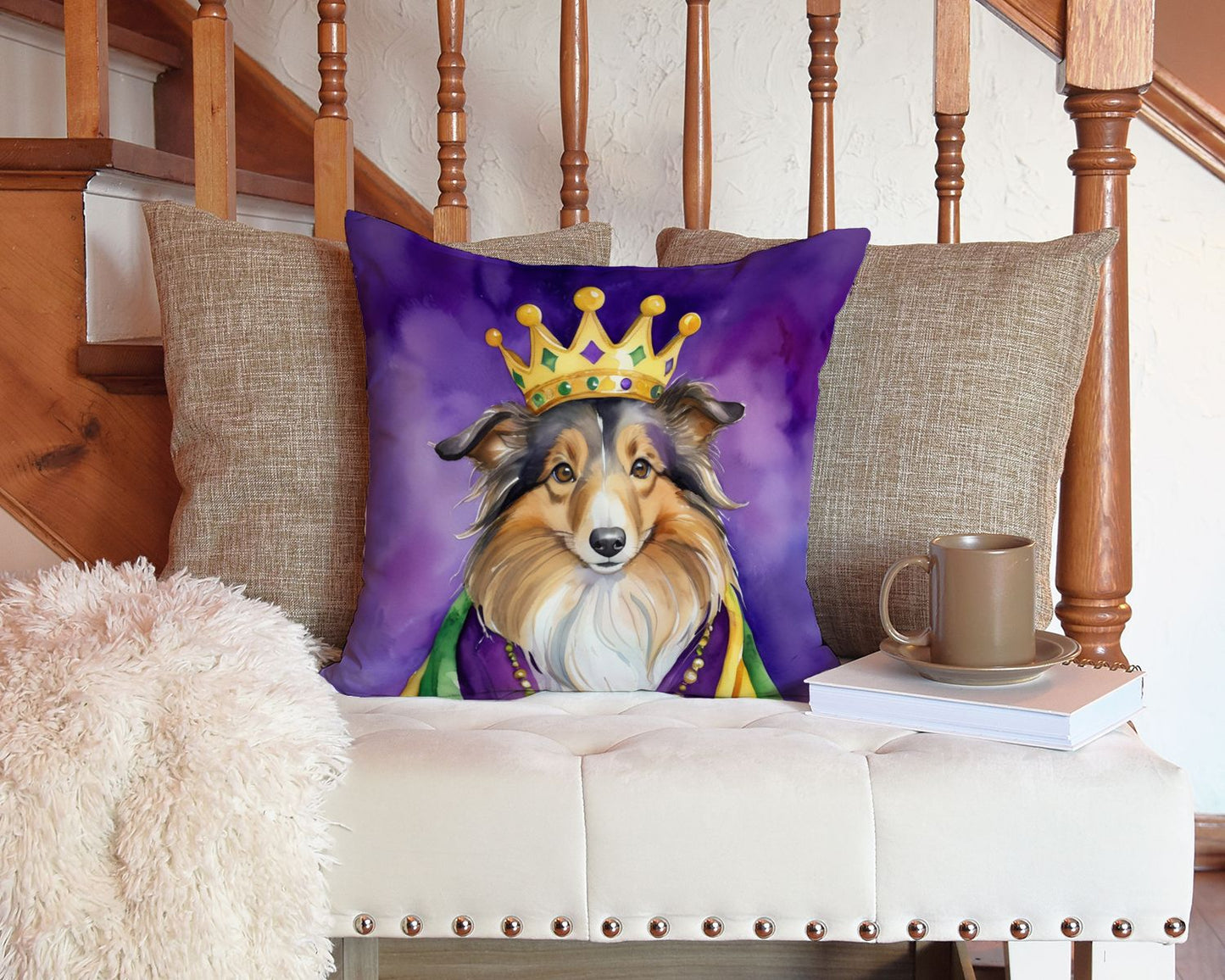 Sheltie King of Mardi Gras Throw Pillow Machine Washable, Indoor Outdoor Decorative Pillow for Couch, Bed or Patio, 14Hx14W