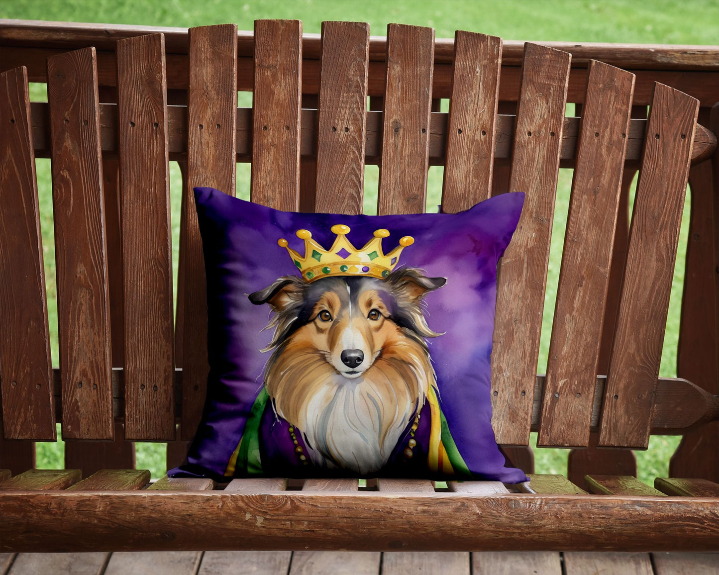 Sheltie King of Mardi Gras Throw Pillow Machine Washable, Indoor Outdoor Decorative Pillow for Couch, Bed or Patio, 14Hx14W
