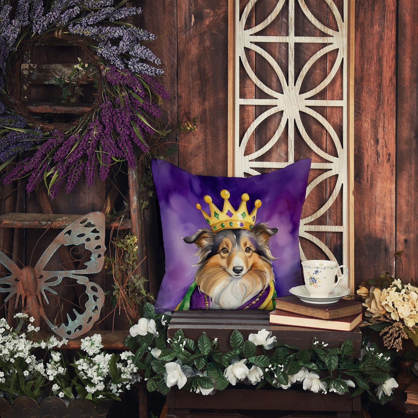 Sheltie King of Mardi Gras Throw Pillow Machine Washable, Indoor Outdoor Decorative Pillow for Couch, Bed or Patio, 14Hx14W