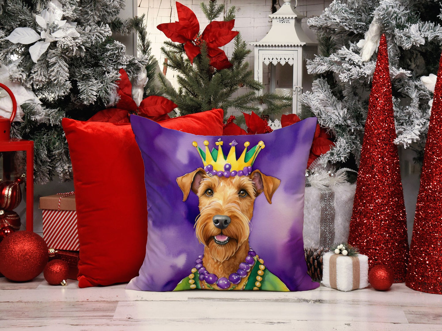 Irish Terrier King of Mardi Gras Throw Pillow Machine Washable, Indoor Outdoor Decorative Pillow for Couch, Bed or Patio, 14Hx14W