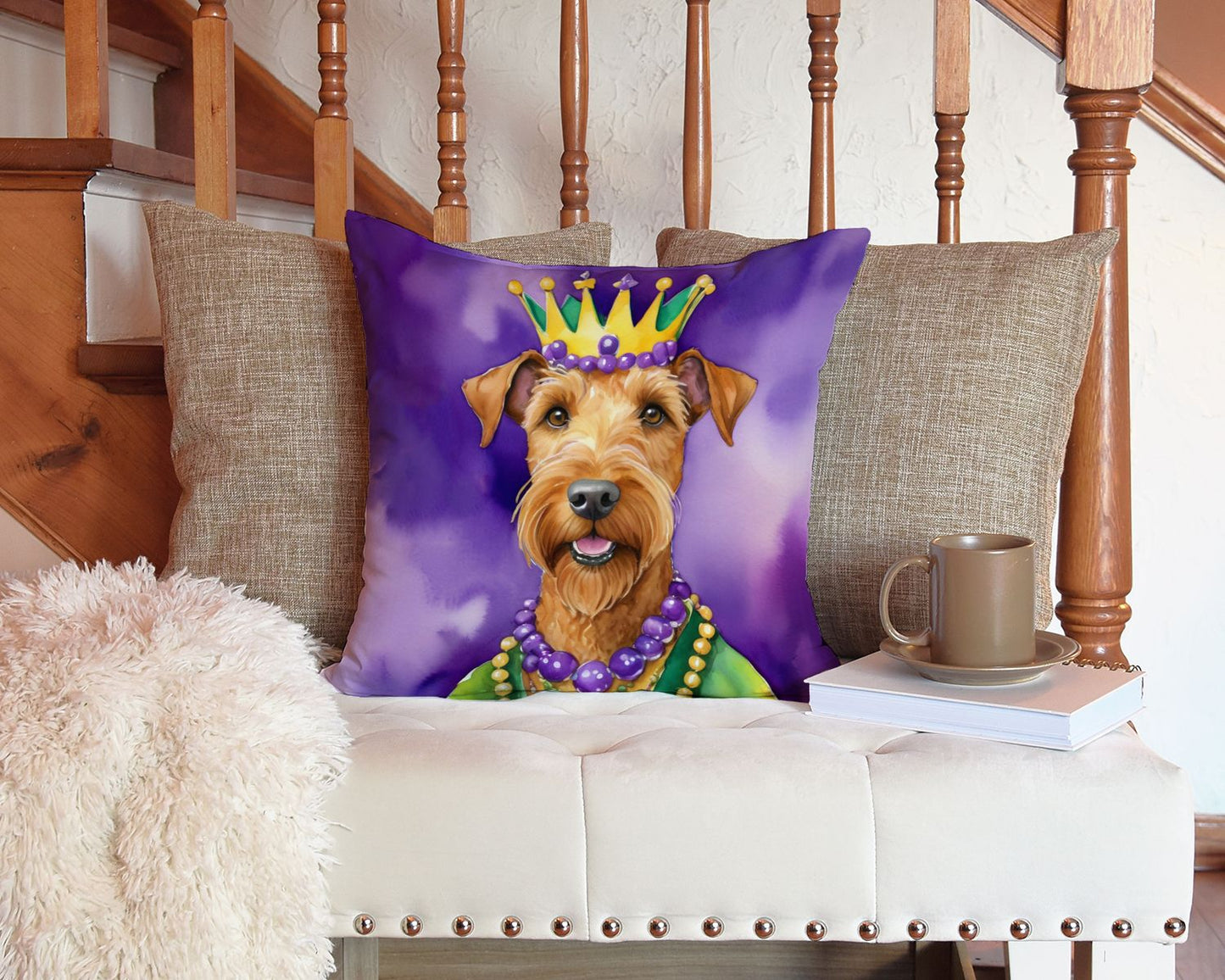 Irish Terrier King of Mardi Gras Throw Pillow Machine Washable, Indoor Outdoor Decorative Pillow for Couch, Bed or Patio, 14Hx14W