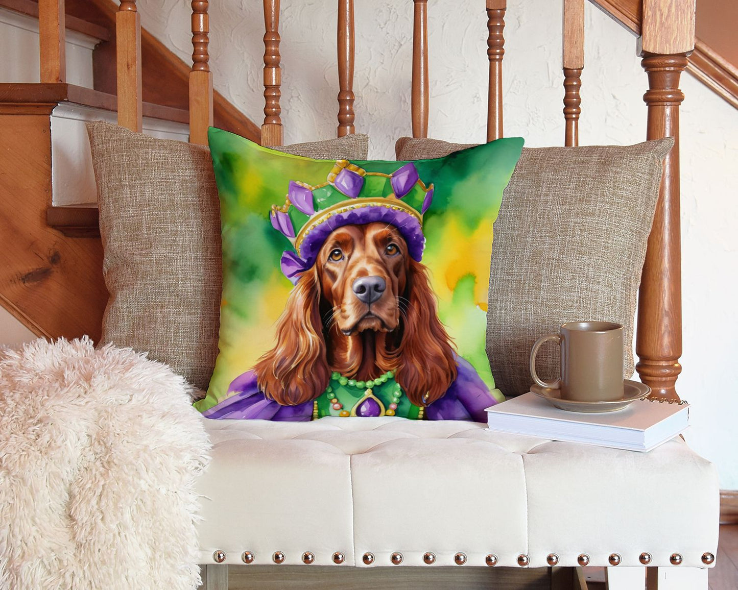 Irish Setter King of Mardi Gras Throw Pillow Machine Washable, Indoor Outdoor Decorative Pillow for Couch, Bed or Patio, 14Hx14W