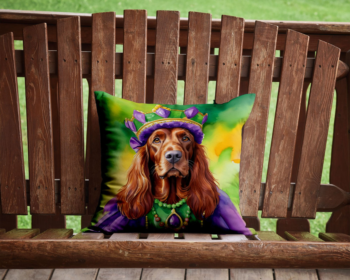 Irish Setter King of Mardi Gras Throw Pillow Machine Washable, Indoor Outdoor Decorative Pillow for Couch, Bed or Patio, 14Hx14W