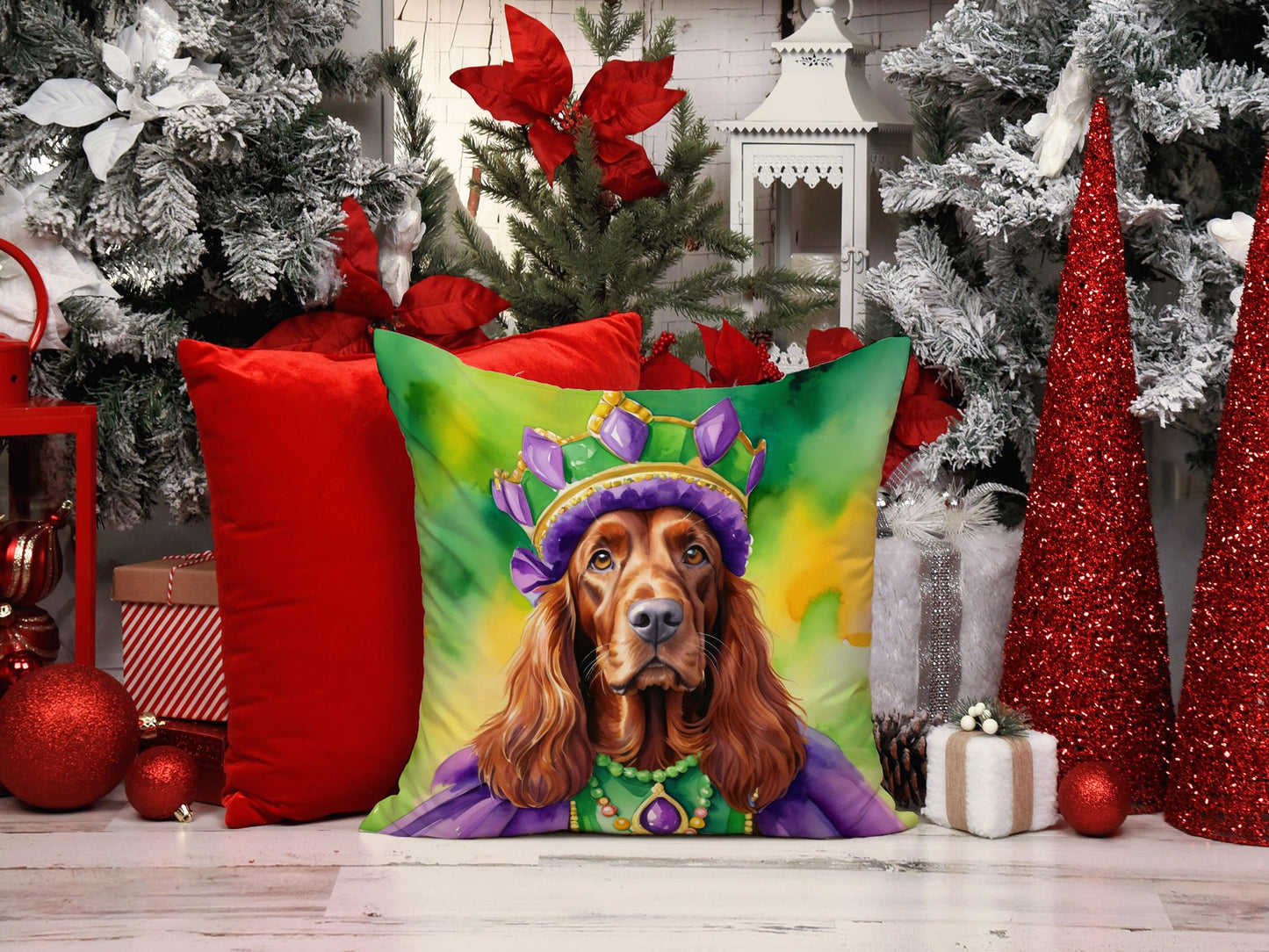 Irish Setter King of Mardi Gras Throw Pillow Machine Washable, Indoor Outdoor Decorative Pillow for Couch, Bed or Patio, 14Hx14W
