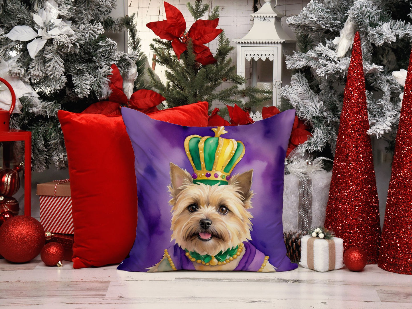Cairn Terrier King of Mardi Gras Throw Pillow Machine Washable, Indoor Outdoor Decorative Pillow for Couch, Bed or Patio, 18Hx18W