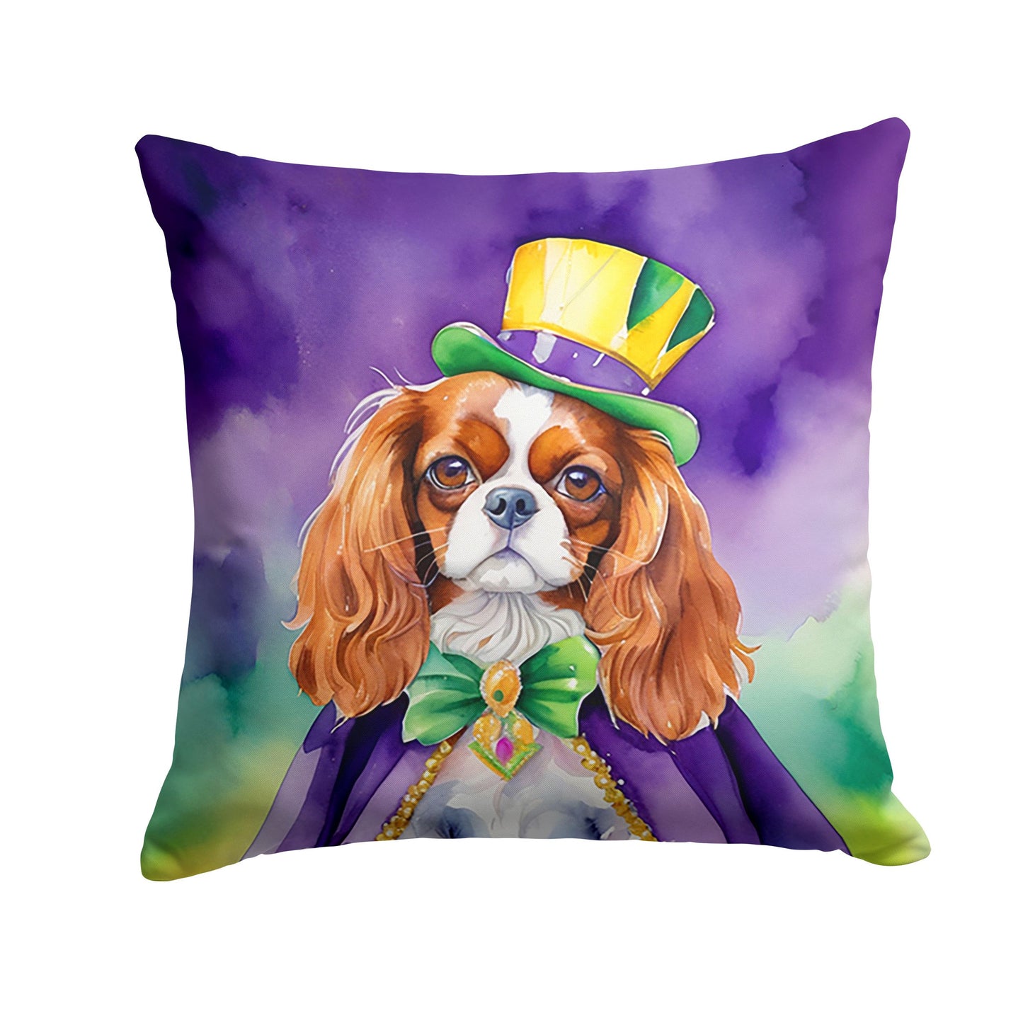 Cavalier Spaniel King of Mardi Gras Throw Pillow Machine Washable, Indoor Outdoor Decorative Pillow for Couch, Bed or Patio, 18Hx18W