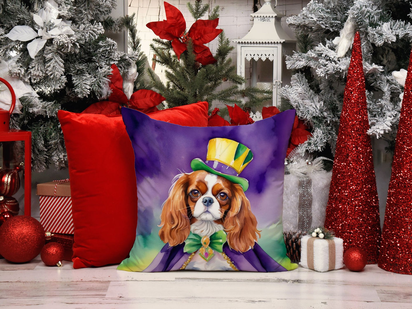 Cavalier Spaniel King of Mardi Gras Throw Pillow Machine Washable, Indoor Outdoor Decorative Pillow for Couch, Bed or Patio, 18Hx18W