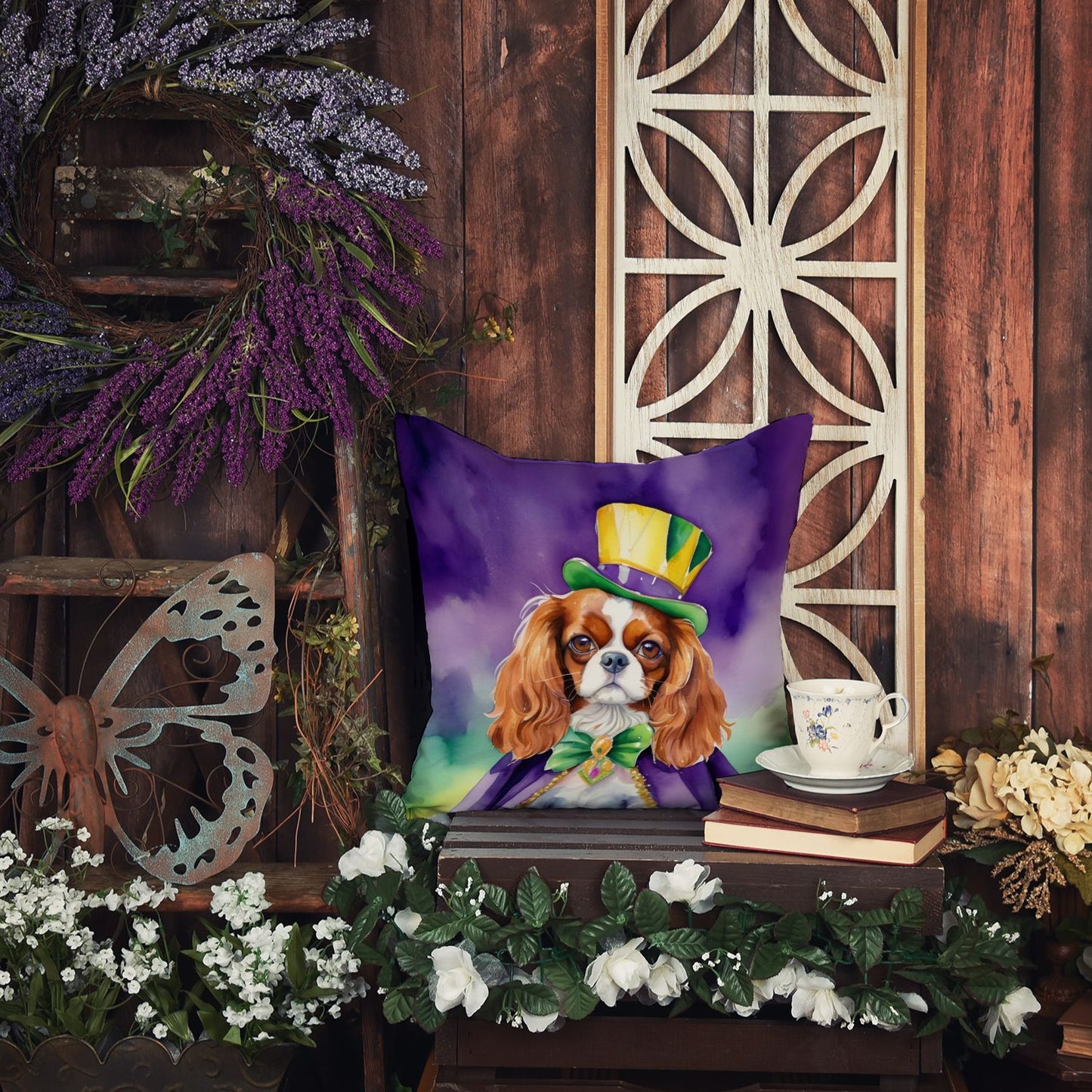 Cavalier Spaniel King of Mardi Gras Throw Pillow Machine Washable, Indoor Outdoor Decorative Pillow for Couch, Bed or Patio, 18Hx18W