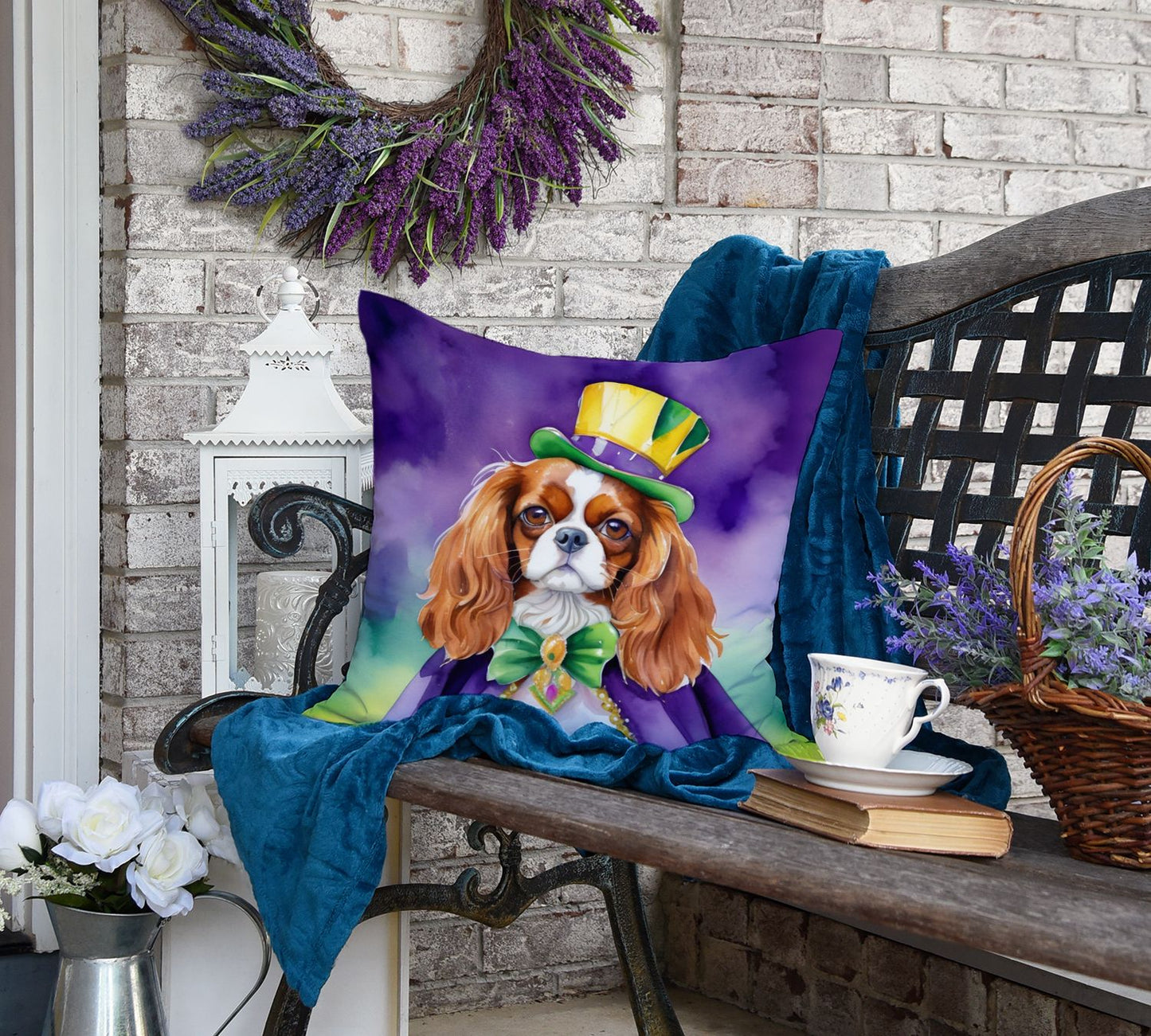 Cavalier Spaniel King of Mardi Gras Throw Pillow Machine Washable, Indoor Outdoor Decorative Pillow for Couch, Bed or Patio, 18Hx18W