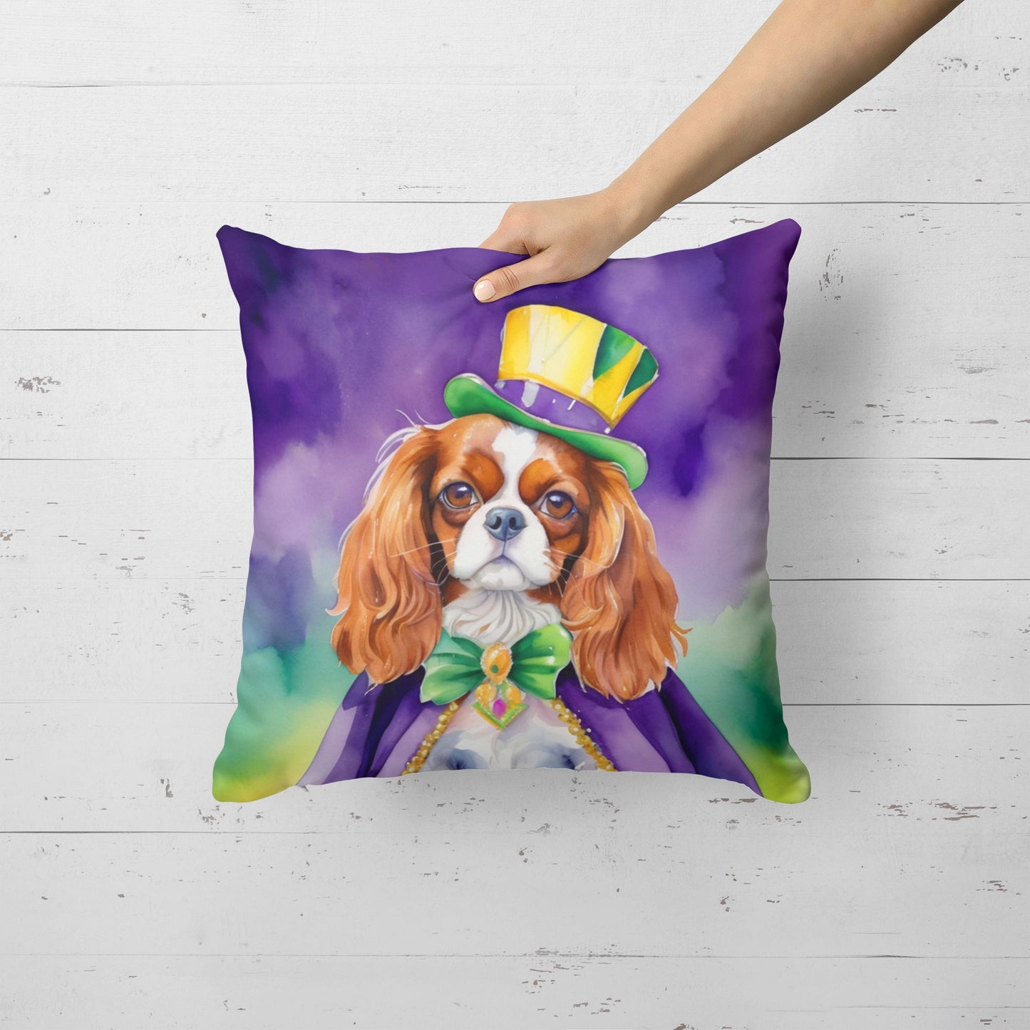Cavalier Spaniel King of Mardi Gras Throw Pillow Machine Washable, Indoor Outdoor Decorative Pillow for Couch, Bed or Patio, 18Hx18W