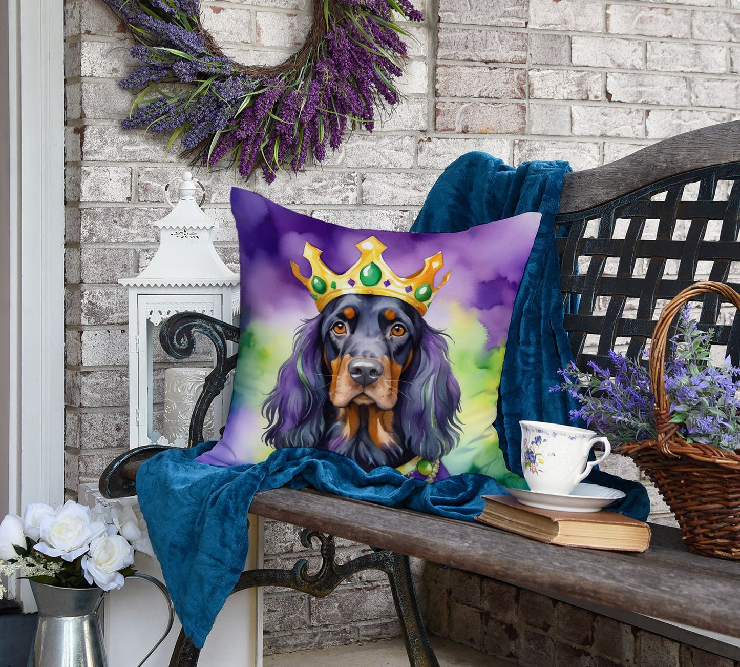Gordon Setter King of Mardi Gras Throw Pillow Machine Washable, Indoor Outdoor Decorative Pillow for Couch, Bed or Patio, 18Hx18W