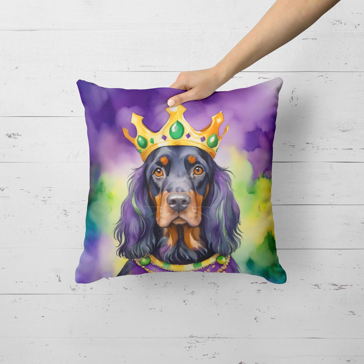 Gordon Setter King of Mardi Gras Throw Pillow Machine Washable, Indoor Outdoor Decorative Pillow for Couch, Bed or Patio, 18Hx18W