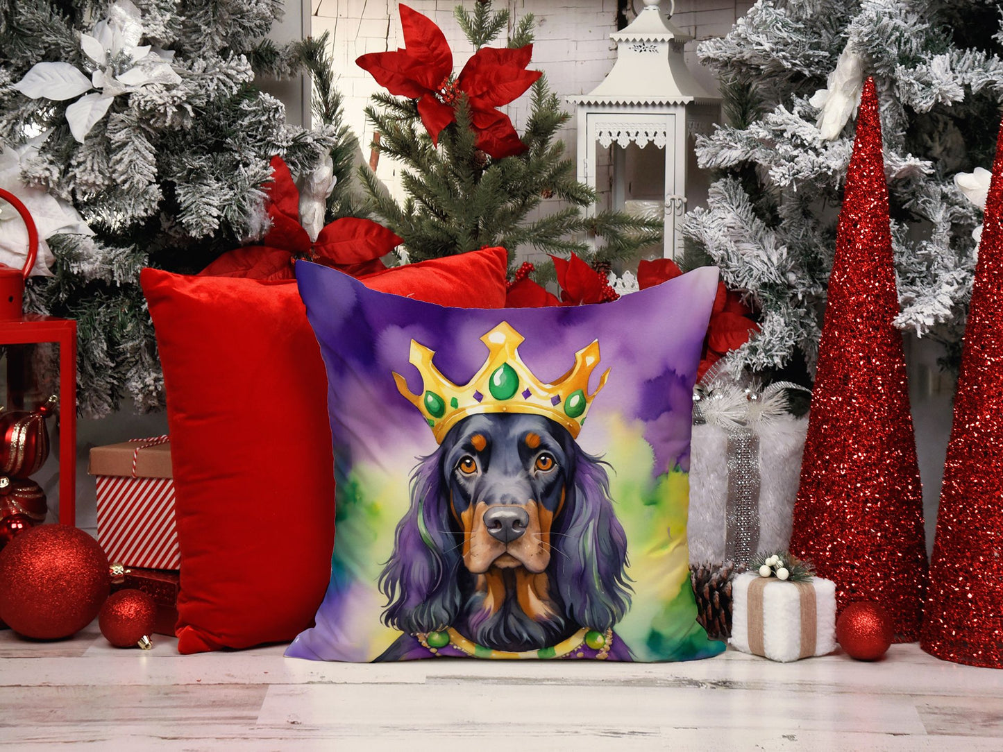 Gordon Setter King of Mardi Gras Throw Pillow Machine Washable, Indoor Outdoor Decorative Pillow for Couch, Bed or Patio, 18Hx18W