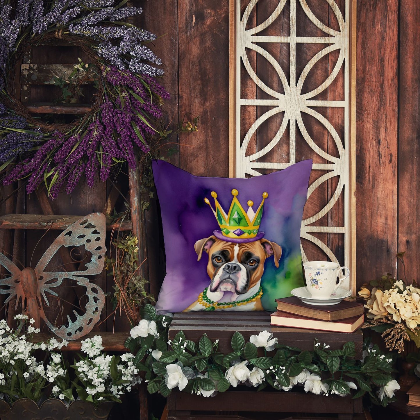 Boxer King of Mardi Gras Throw Pillow Machine Washable, Indoor Outdoor Decorative Pillow for Couch, Bed or Patio, 18Hx18W