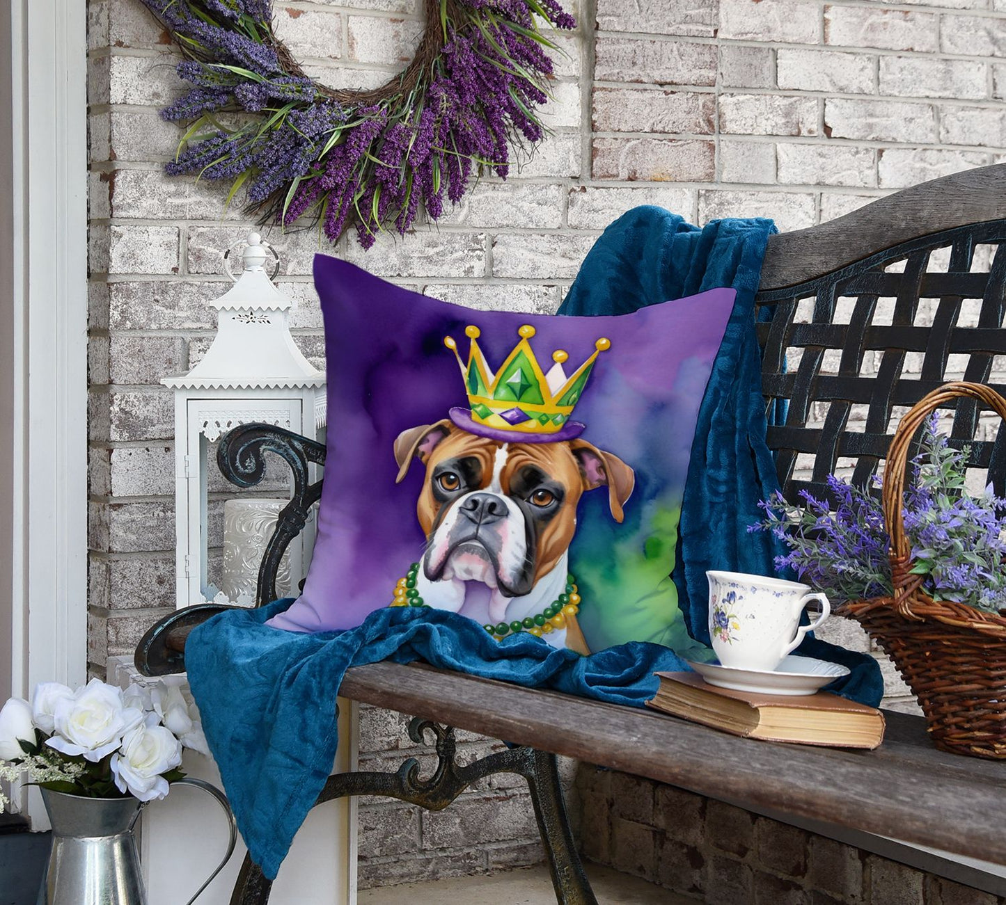 Boxer King of Mardi Gras Throw Pillow Machine Washable, Indoor Outdoor Decorative Pillow for Couch, Bed or Patio, 18Hx18W
