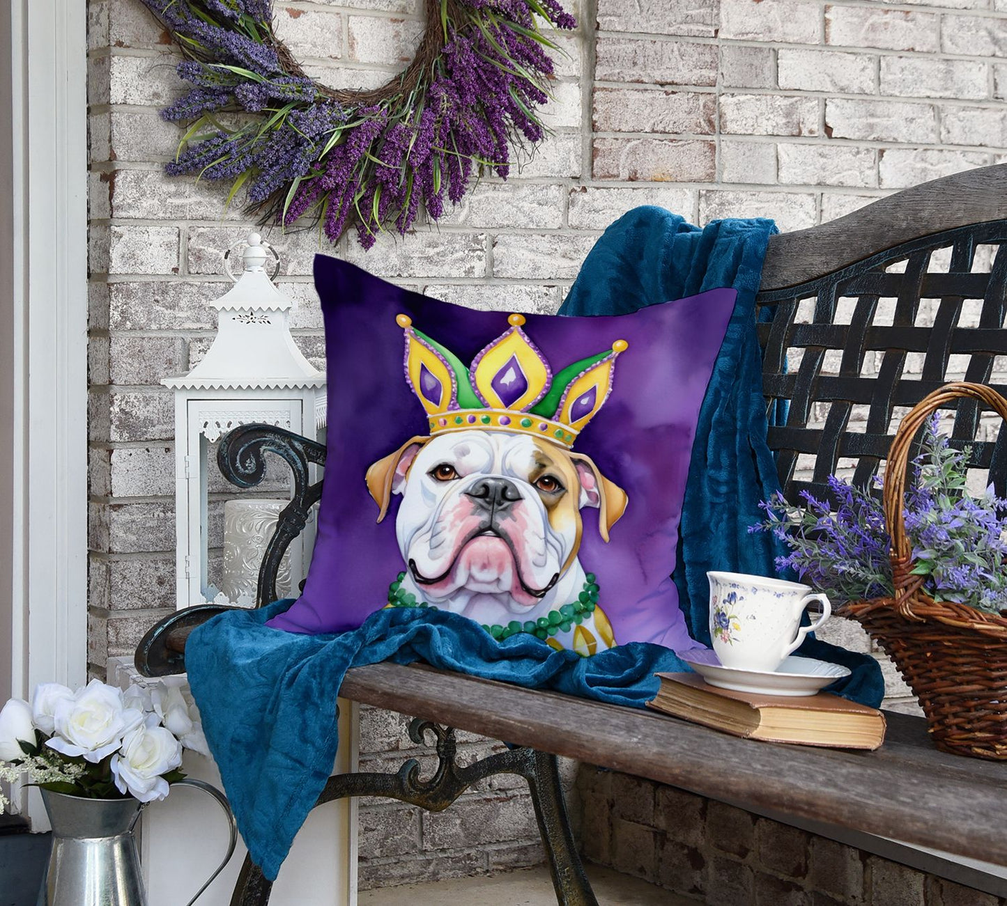 American Bulldog King of Mardi Gras Throw Pillow Machine Washable, Indoor Outdoor Decorative Pillow for Couch, Bed or Patio, 18Hx18W