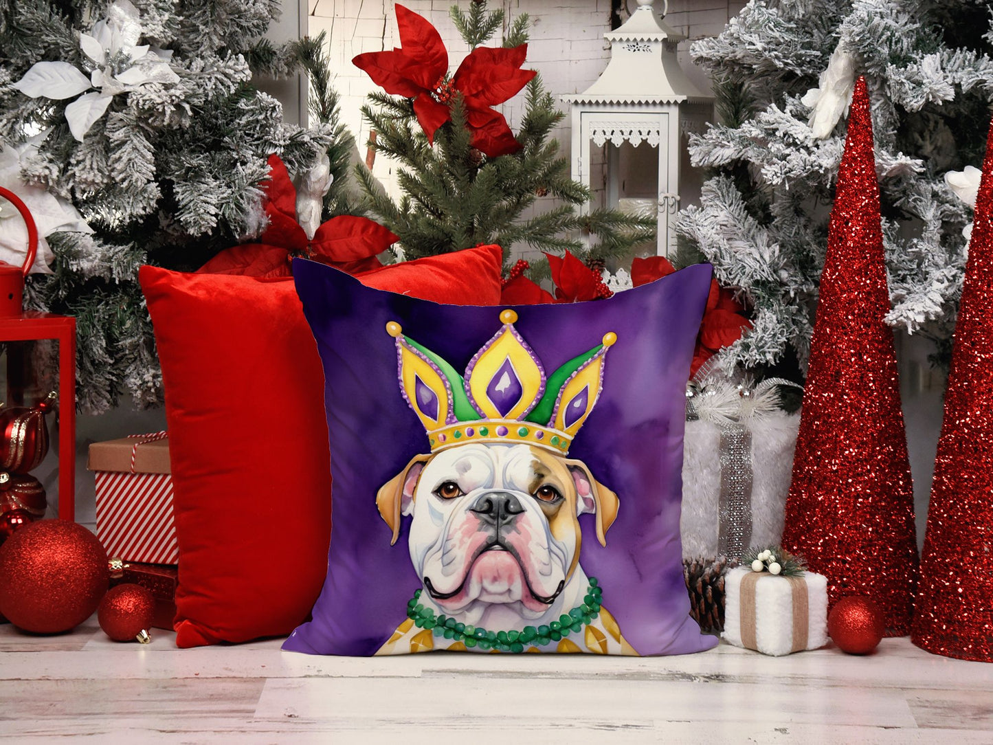 American Bulldog King of Mardi Gras Throw Pillow Machine Washable, Indoor Outdoor Decorative Pillow for Couch, Bed or Patio, 18Hx18W