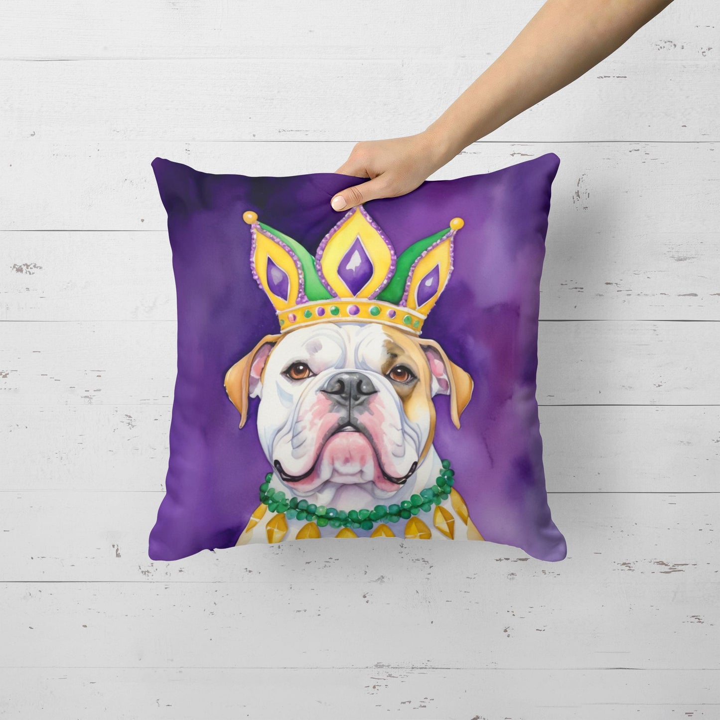 American Bulldog King of Mardi Gras Throw Pillow Machine Washable, Indoor Outdoor Decorative Pillow for Couch, Bed or Patio, 18Hx18W