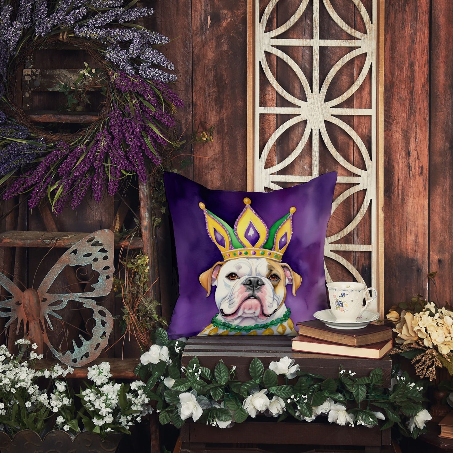 American Bulldog King of Mardi Gras Throw Pillow Machine Washable, Indoor Outdoor Decorative Pillow for Couch, Bed or Patio, 18Hx18W