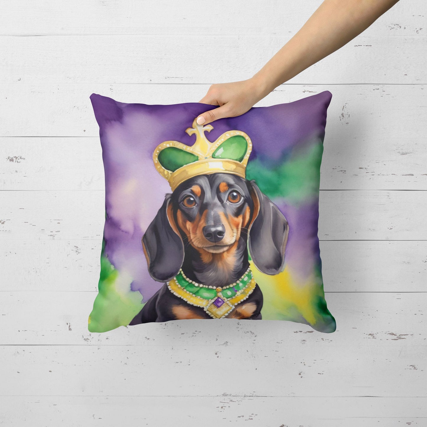 Dachshund King of Mardi Gras Throw Pillow Machine Washable, Indoor Outdoor Decorative Pillow for Couch, Bed or Patio, 18Hx18W