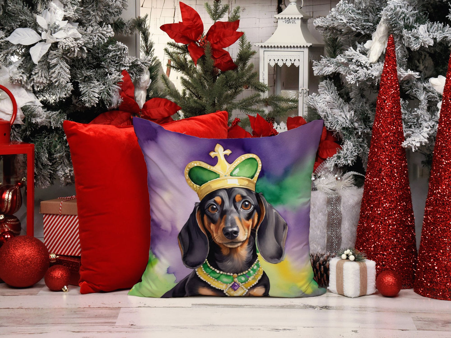 Dachshund King of Mardi Gras Throw Pillow Machine Washable, Indoor Outdoor Decorative Pillow for Couch, Bed or Patio, 18Hx18W