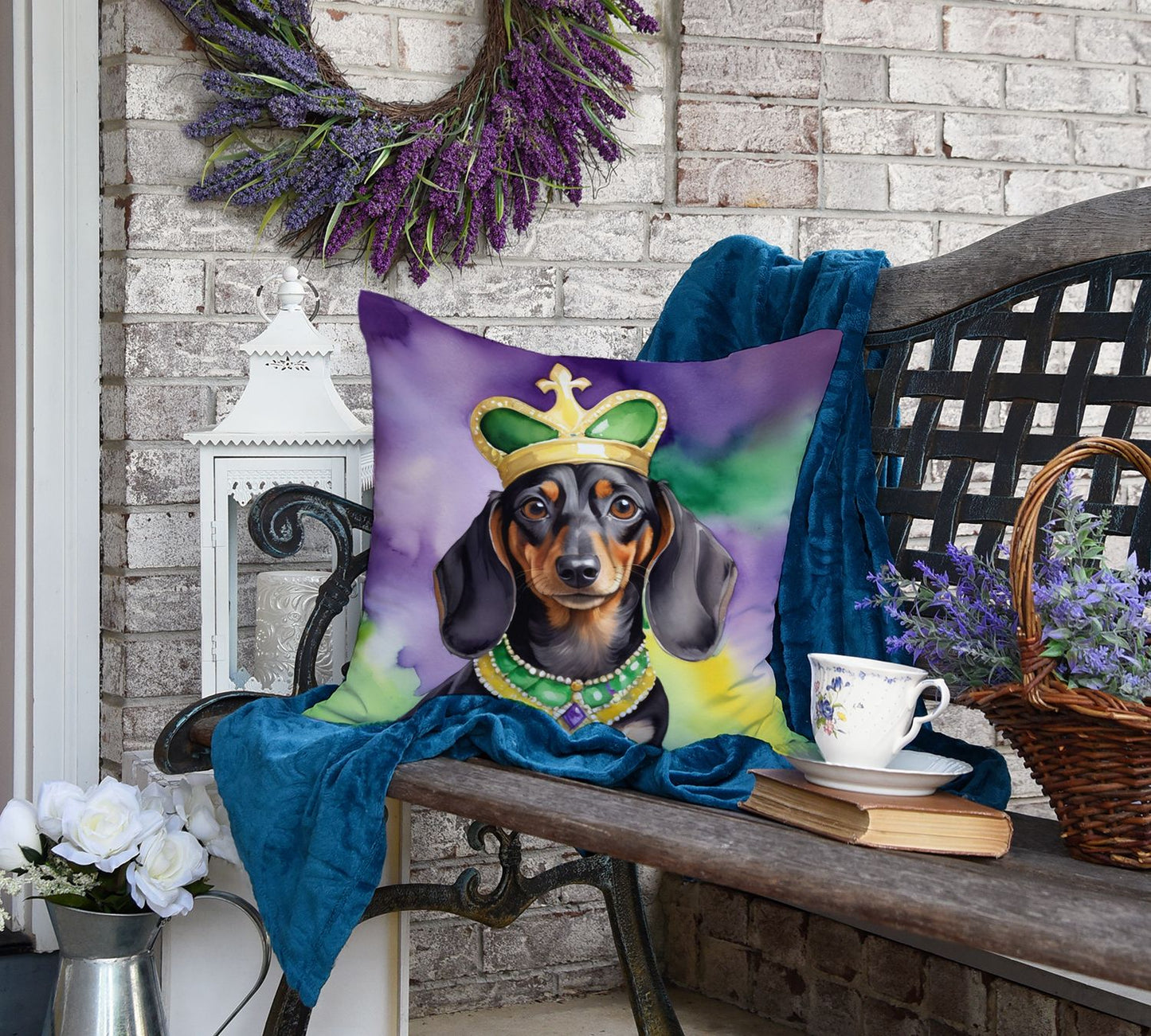Dachshund King of Mardi Gras Throw Pillow Machine Washable, Indoor Outdoor Decorative Pillow for Couch, Bed or Patio, 18Hx18W