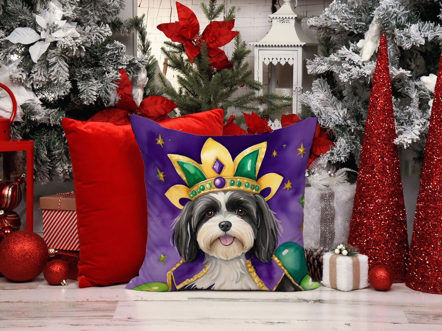 Havanese King of Mardi Gras Throw Pillow Machine Washable, Indoor Outdoor Decorative Pillow for Couch, Bed or Patio, 18Hx18W