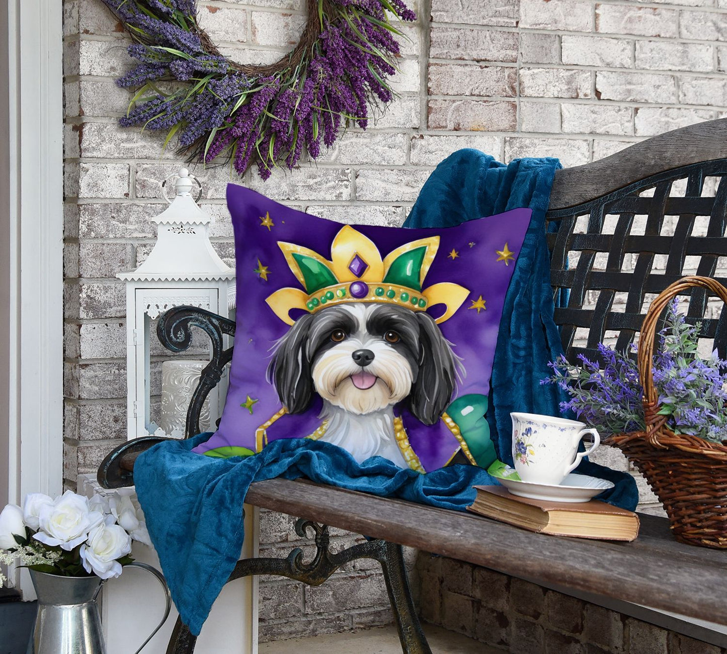 Havanese King of Mardi Gras Throw Pillow Machine Washable, Indoor Outdoor Decorative Pillow for Couch, Bed or Patio, 18Hx18W