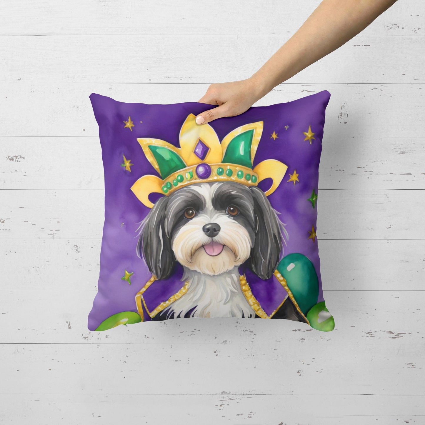 Havanese King of Mardi Gras Throw Pillow Machine Washable, Indoor Outdoor Decorative Pillow for Couch, Bed or Patio, 18Hx18W