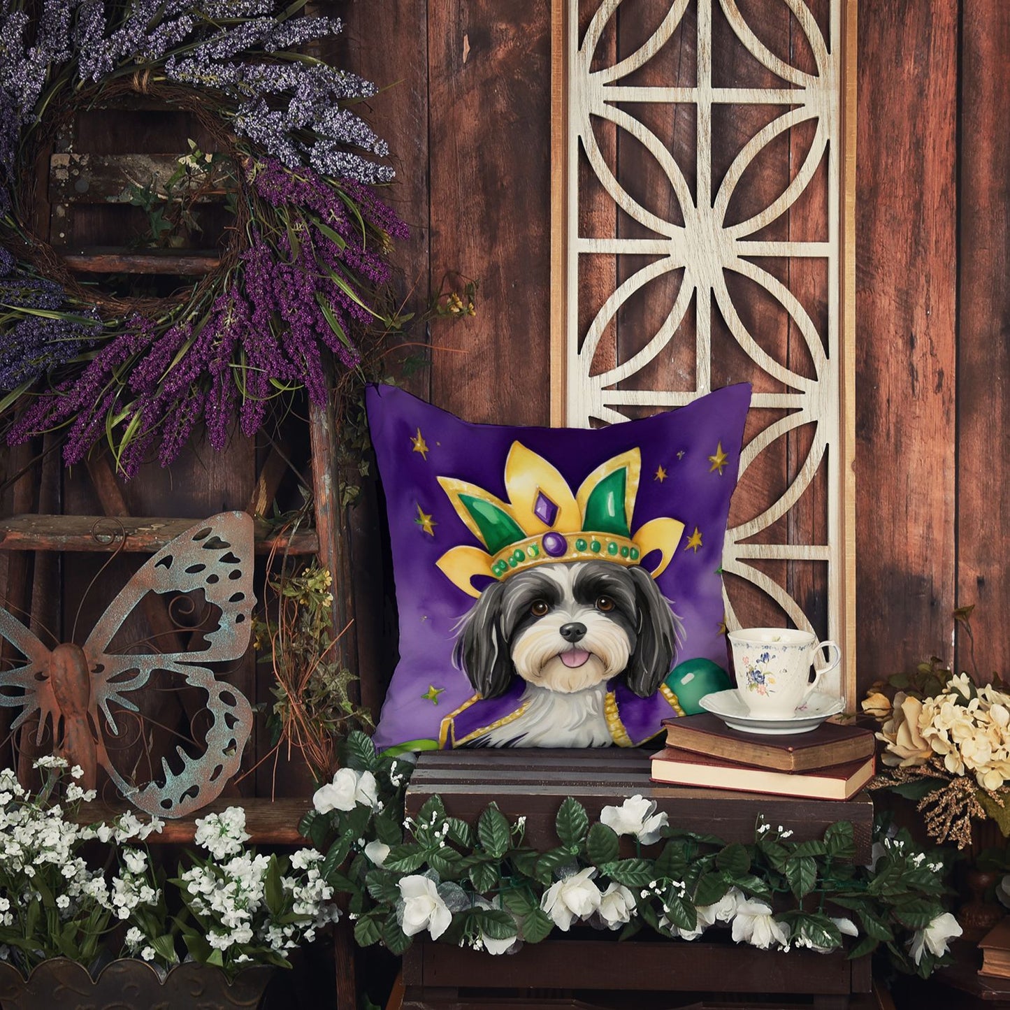 Havanese King of Mardi Gras Throw Pillow Machine Washable, Indoor Outdoor Decorative Pillow for Couch, Bed or Patio, 18Hx18W