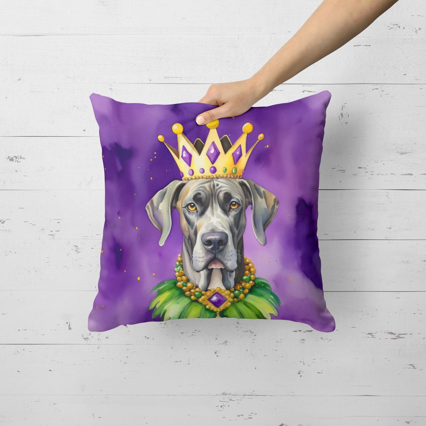 Great Dane King of Mardi Gras Throw Pillow Machine Washable, Indoor Outdoor Decorative Pillow for Couch, Bed or Patio, 18Hx18W