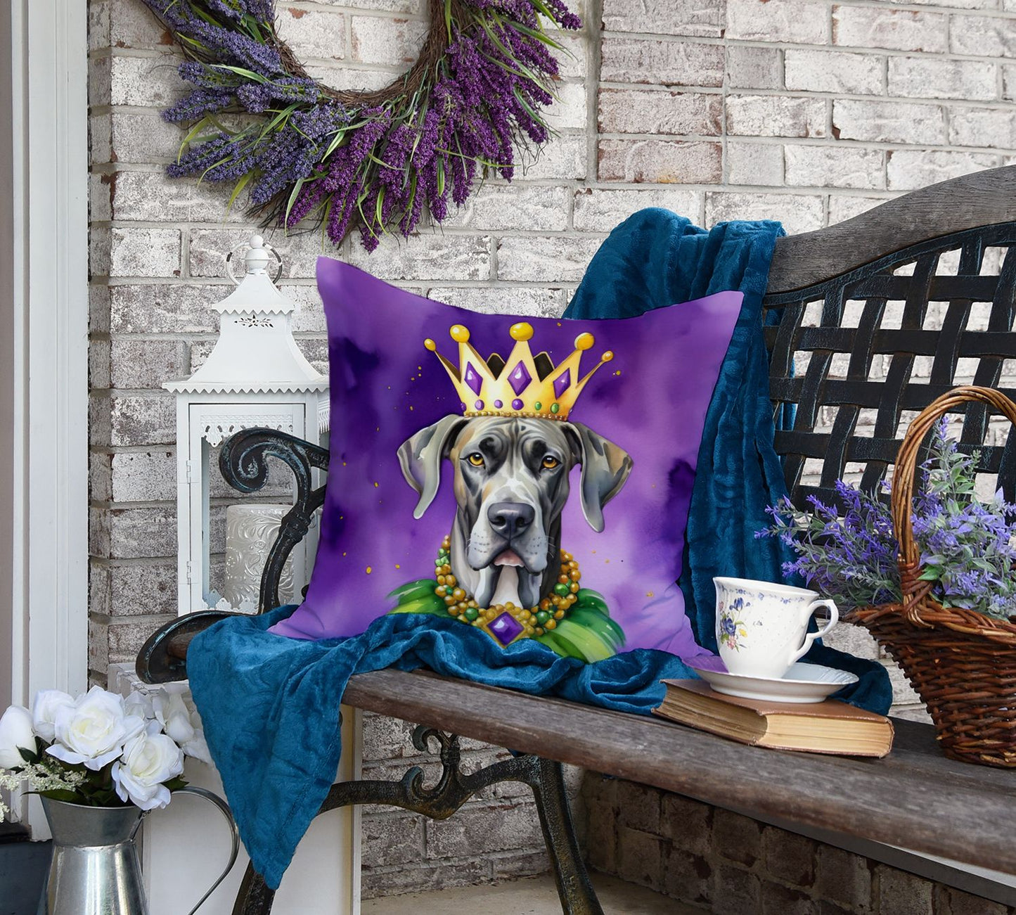 Great Dane King of Mardi Gras Throw Pillow Machine Washable, Indoor Outdoor Decorative Pillow for Couch, Bed or Patio, 18Hx18W