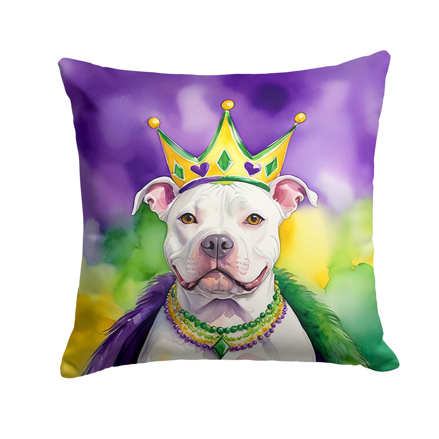 Pit Bull Terrier King of Mardi Gras Throw Pillow Machine Washable, Indoor Outdoor Decorative Pillow for Couch, Bed or Patio, 14Hx14W