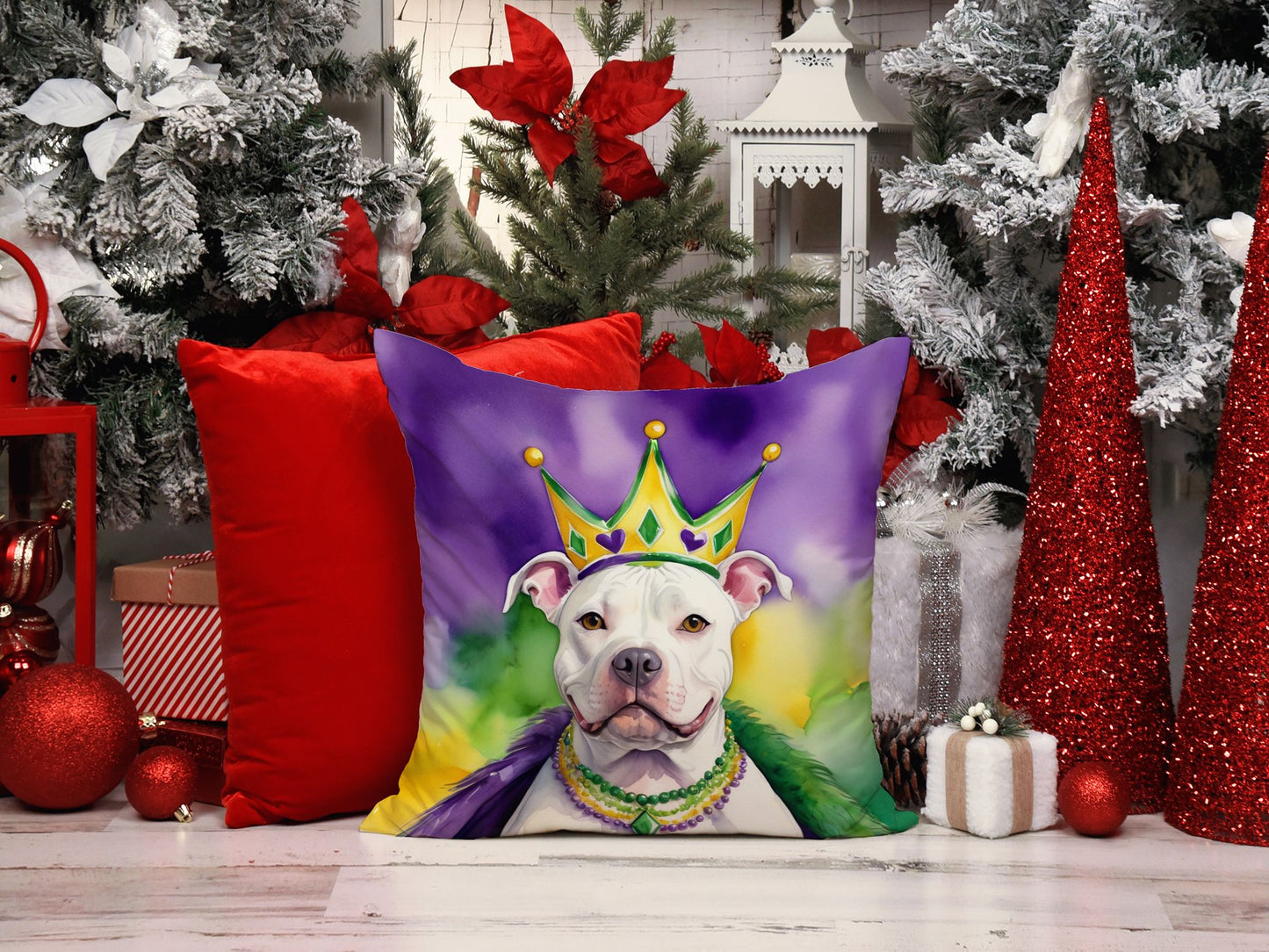 Pit Bull Terrier King of Mardi Gras Throw Pillow Machine Washable, Indoor Outdoor Decorative Pillow for Couch, Bed or Patio, 14Hx14W
