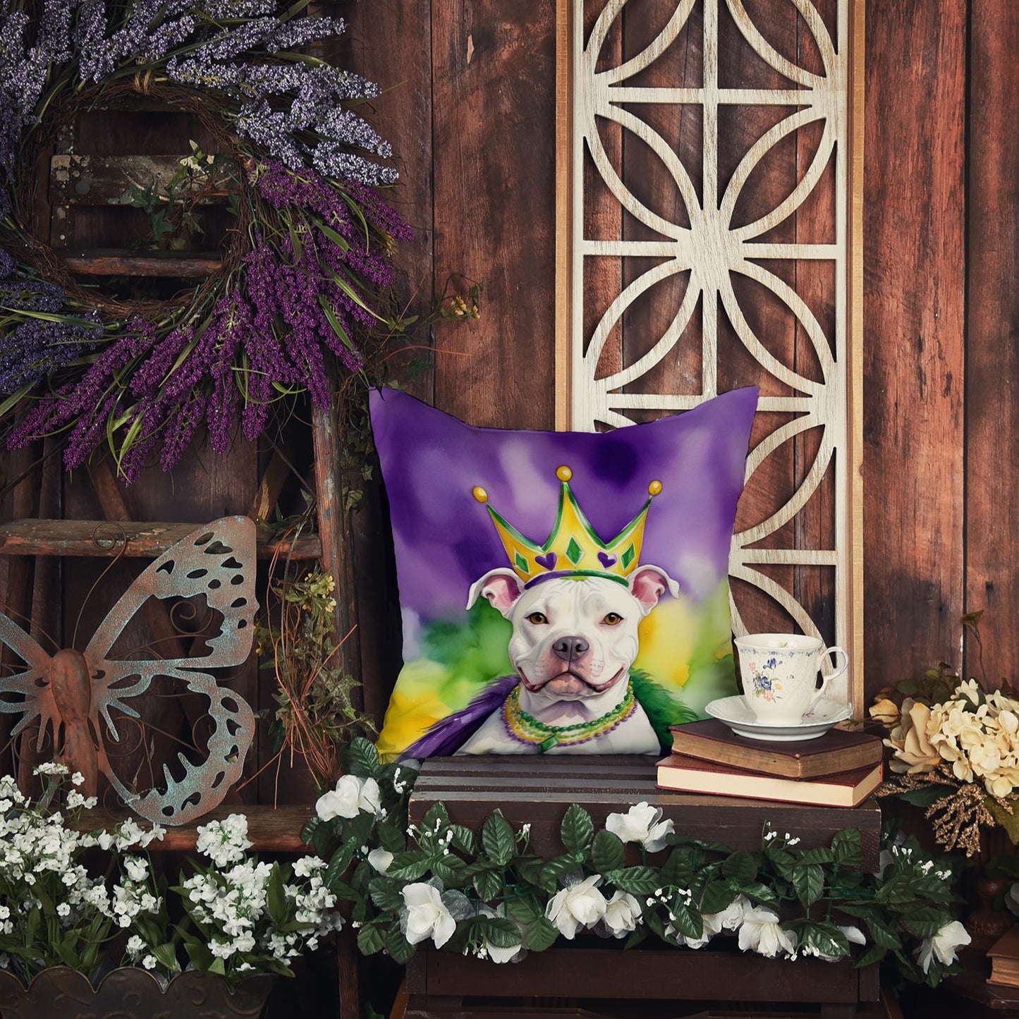 Pit Bull Terrier King of Mardi Gras Throw Pillow Machine Washable, Indoor Outdoor Decorative Pillow for Couch, Bed or Patio, 14Hx14W