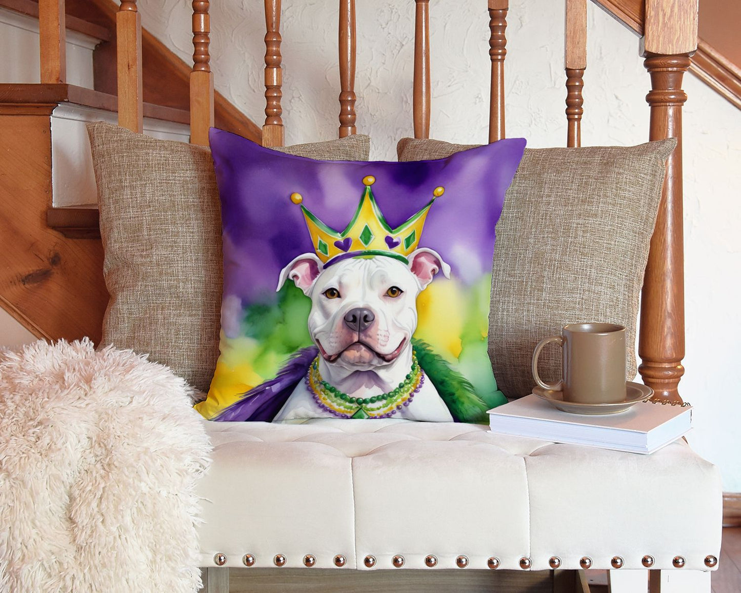 Pit Bull Terrier King of Mardi Gras Throw Pillow Machine Washable, Indoor Outdoor Decorative Pillow for Couch, Bed or Patio, 14Hx14W