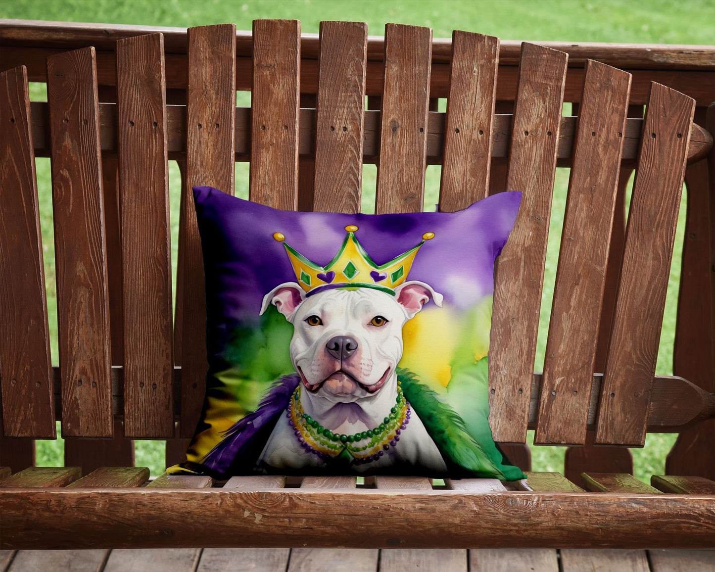 Pit Bull Terrier King of Mardi Gras Throw Pillow Machine Washable, Indoor Outdoor Decorative Pillow for Couch, Bed or Patio, 14Hx14W