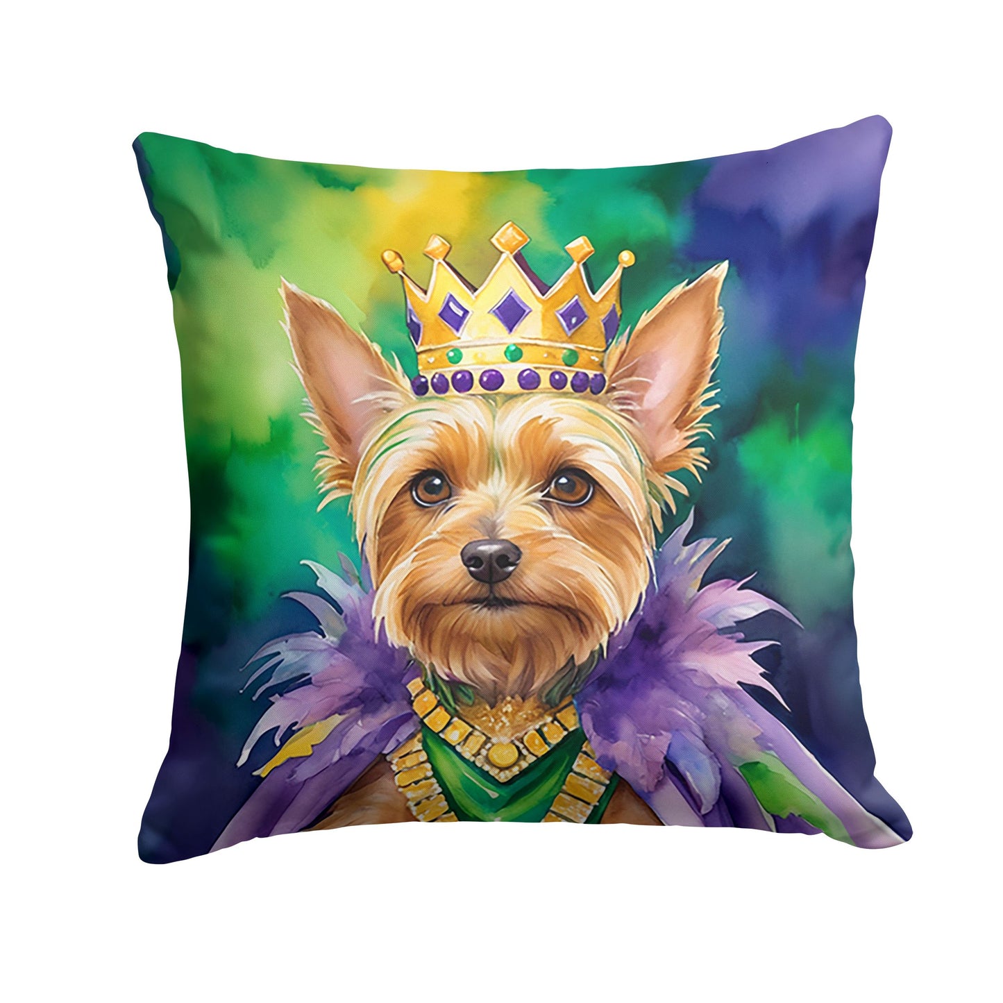 Silky Terrier King of Mardi Gras Throw Pillow Machine Washable, Indoor Outdoor Decorative Pillow for Couch, Bed or Patio, 14Hx14W