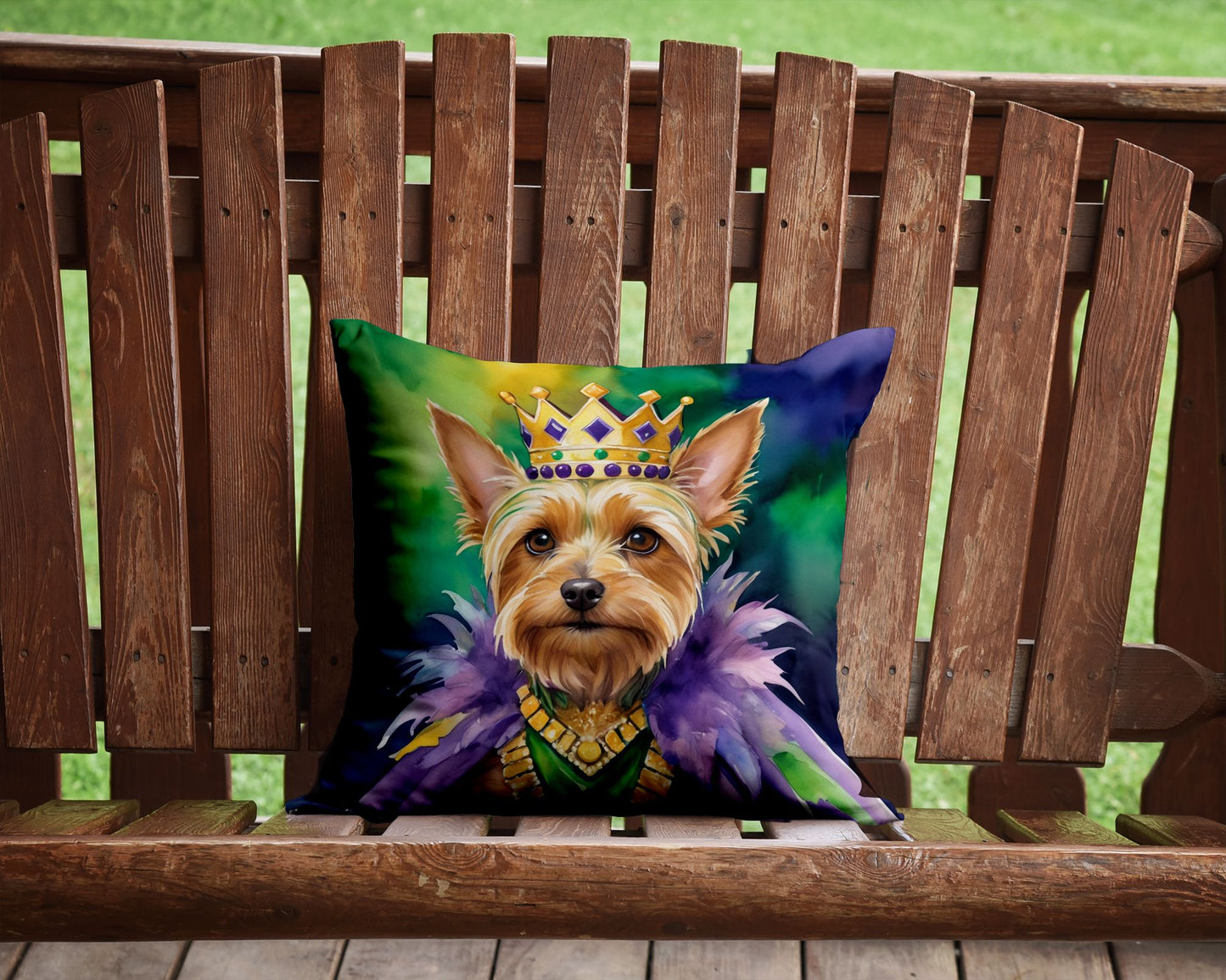 Silky Terrier King of Mardi Gras Throw Pillow Machine Washable, Indoor Outdoor Decorative Pillow for Couch, Bed or Patio, 14Hx14W