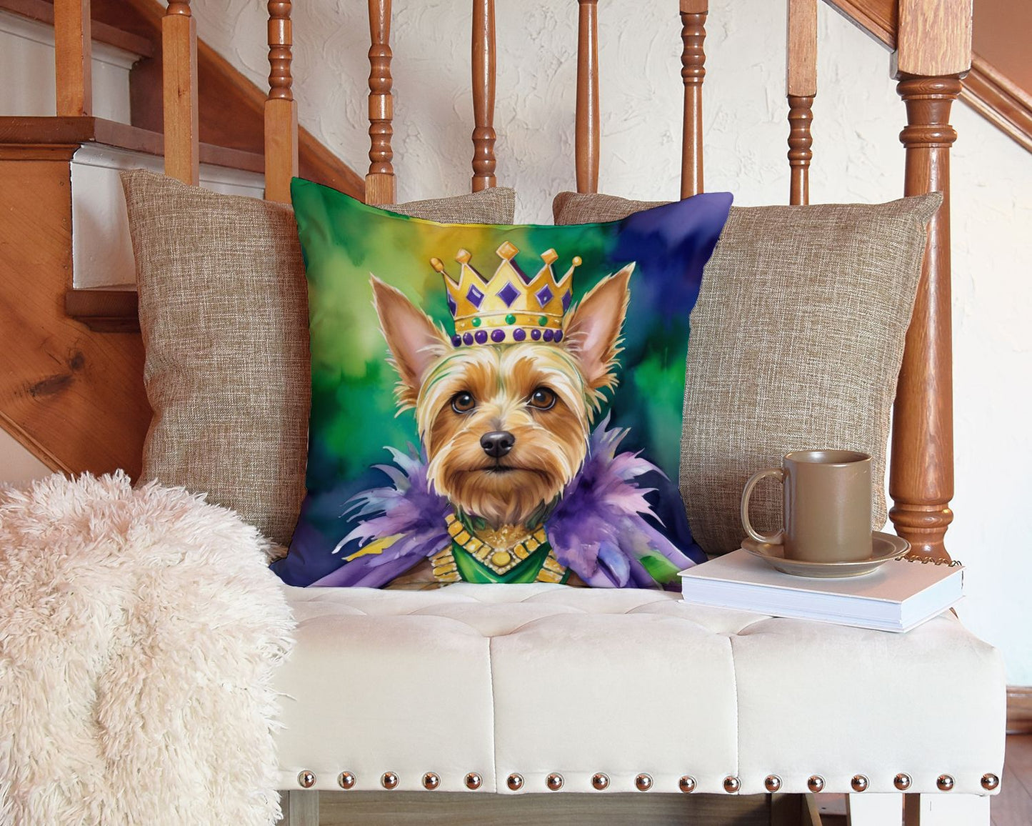 Silky Terrier King of Mardi Gras Throw Pillow Machine Washable, Indoor Outdoor Decorative Pillow for Couch, Bed or Patio, 14Hx14W