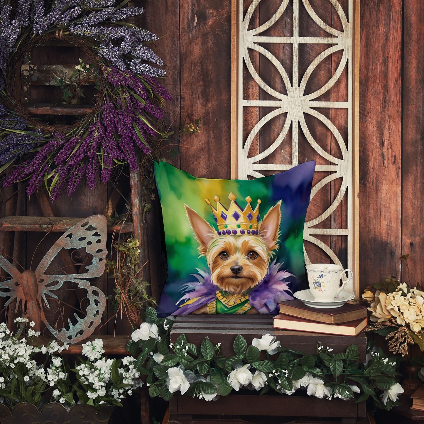 Silky Terrier King of Mardi Gras Throw Pillow Machine Washable, Indoor Outdoor Decorative Pillow for Couch, Bed or Patio, 14Hx14W