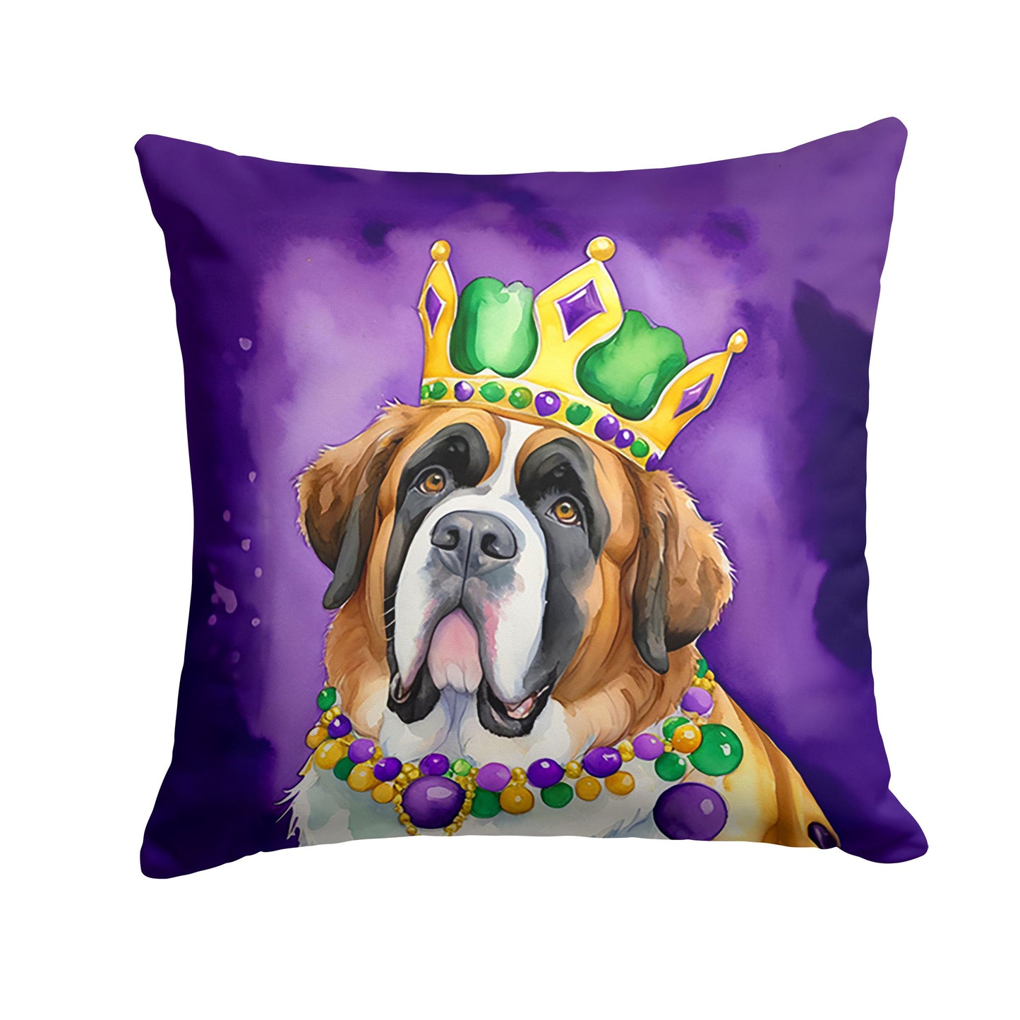 Saint Bernard King of Mardi Gras Throw Pillow Machine Washable, Indoor Outdoor Decorative Pillow for Couch, Bed or Patio, 14Hx14W