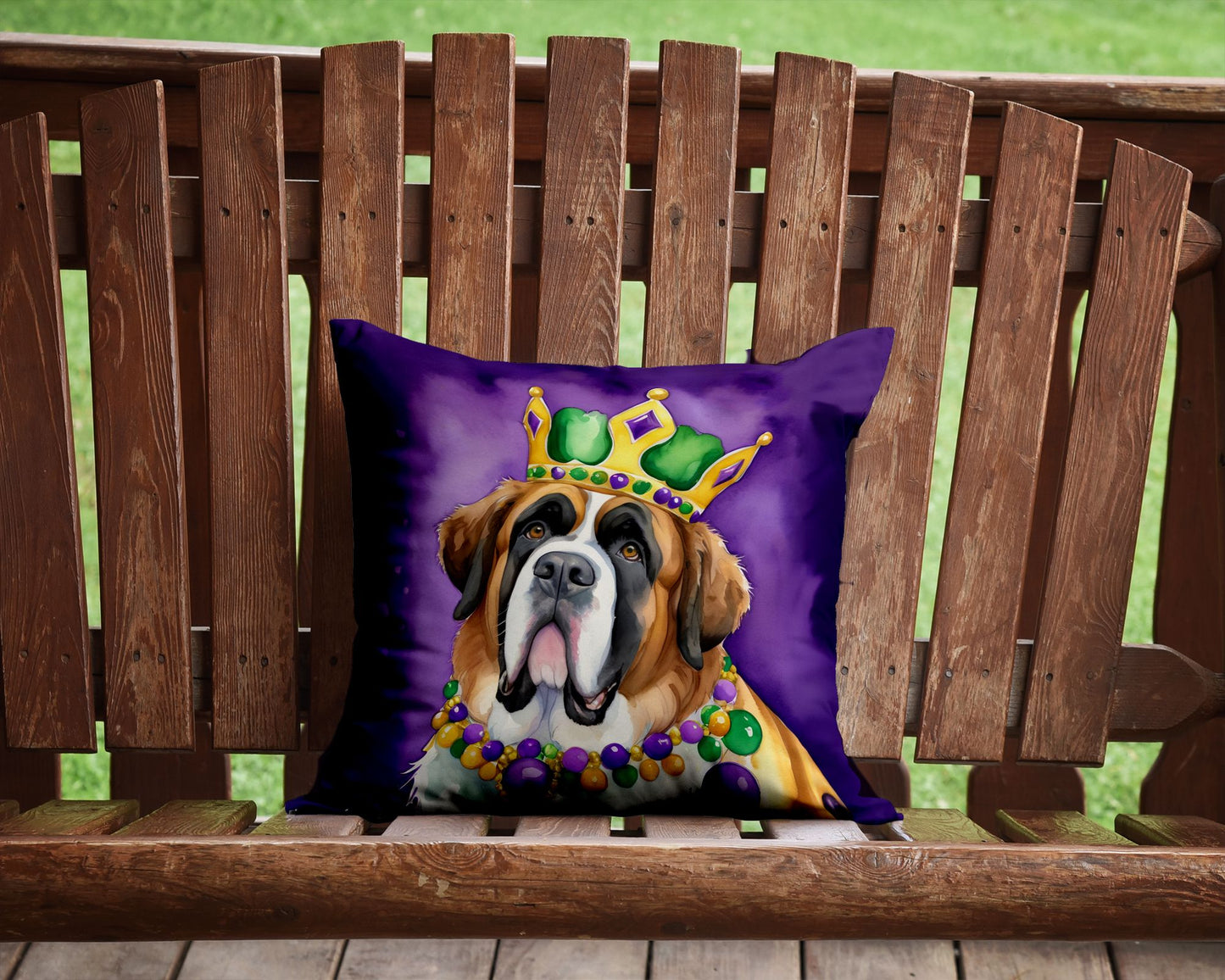 Saint Bernard King of Mardi Gras Throw Pillow Machine Washable, Indoor Outdoor Decorative Pillow for Couch, Bed or Patio, 14Hx14W