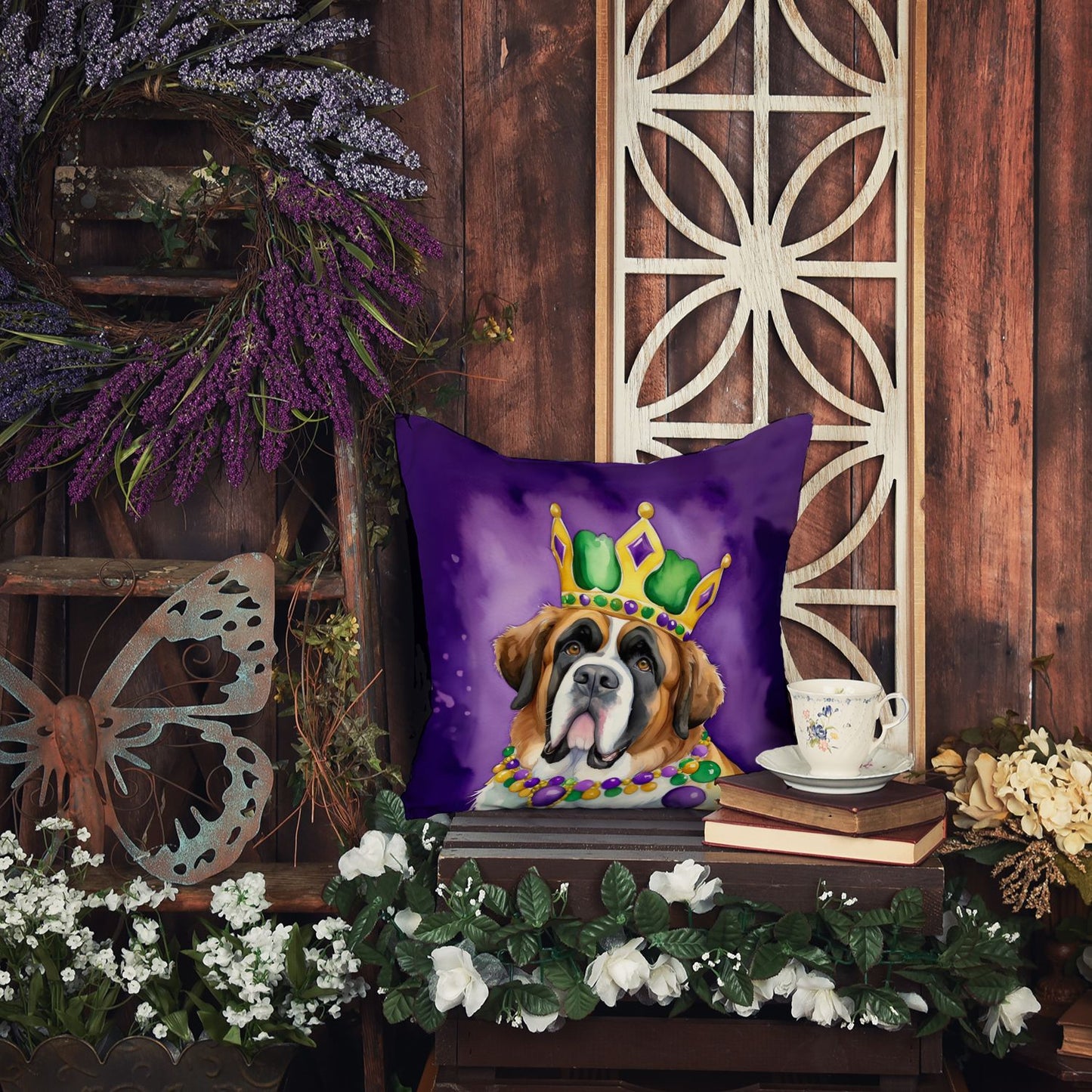 Saint Bernard King of Mardi Gras Throw Pillow Machine Washable, Indoor Outdoor Decorative Pillow for Couch, Bed or Patio, 14Hx14W