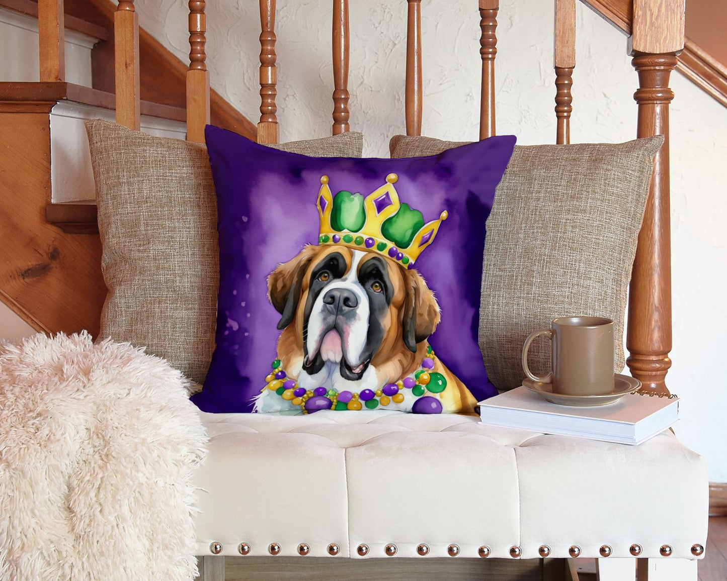 Saint Bernard King of Mardi Gras Throw Pillow Machine Washable, Indoor Outdoor Decorative Pillow for Couch, Bed or Patio, 14Hx14W