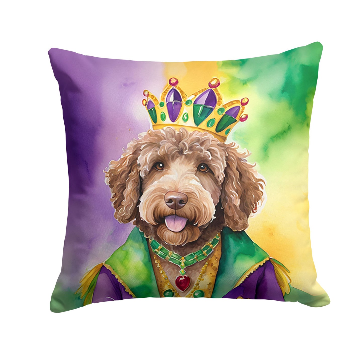 Labradoodle King of Mardi Gras Throw Pillow Machine Washable, Indoor Outdoor Decorative Pillow for Couch, Bed or Patio, 14Hx14W