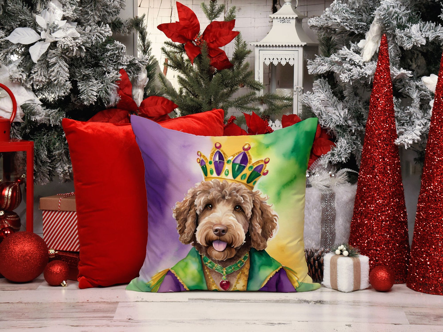 Labradoodle King of Mardi Gras Throw Pillow Machine Washable, Indoor Outdoor Decorative Pillow for Couch, Bed or Patio, 14Hx14W