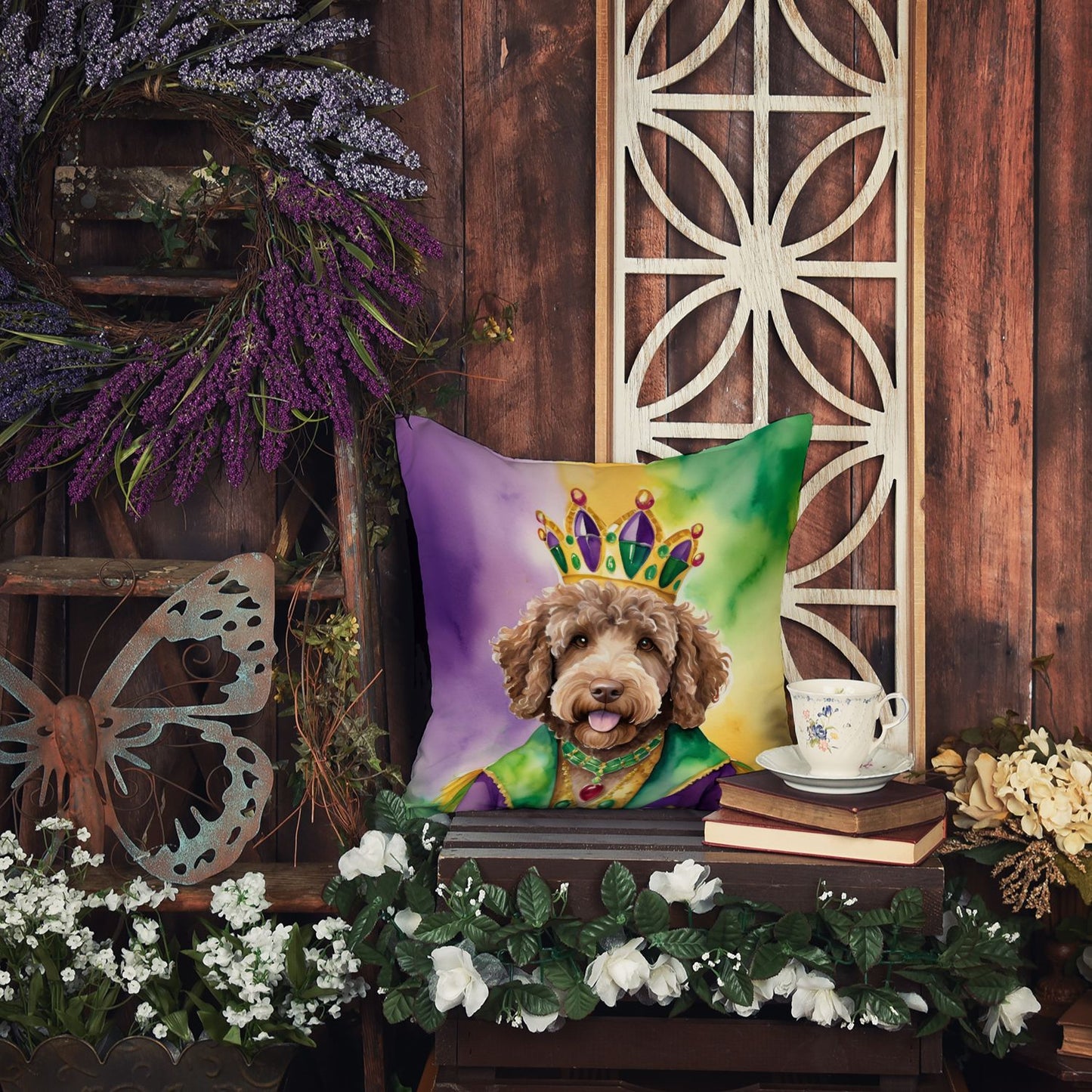 Labradoodle King of Mardi Gras Throw Pillow Machine Washable, Indoor Outdoor Decorative Pillow for Couch, Bed or Patio, 14Hx14W