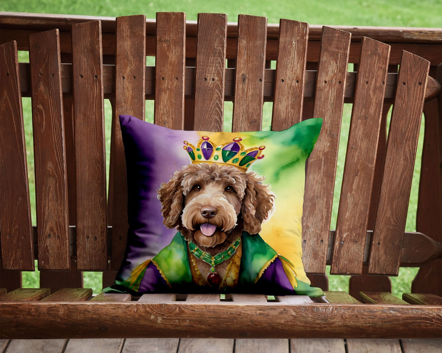 Labradoodle King of Mardi Gras Throw Pillow Machine Washable, Indoor Outdoor Decorative Pillow for Couch, Bed or Patio, 14Hx14W