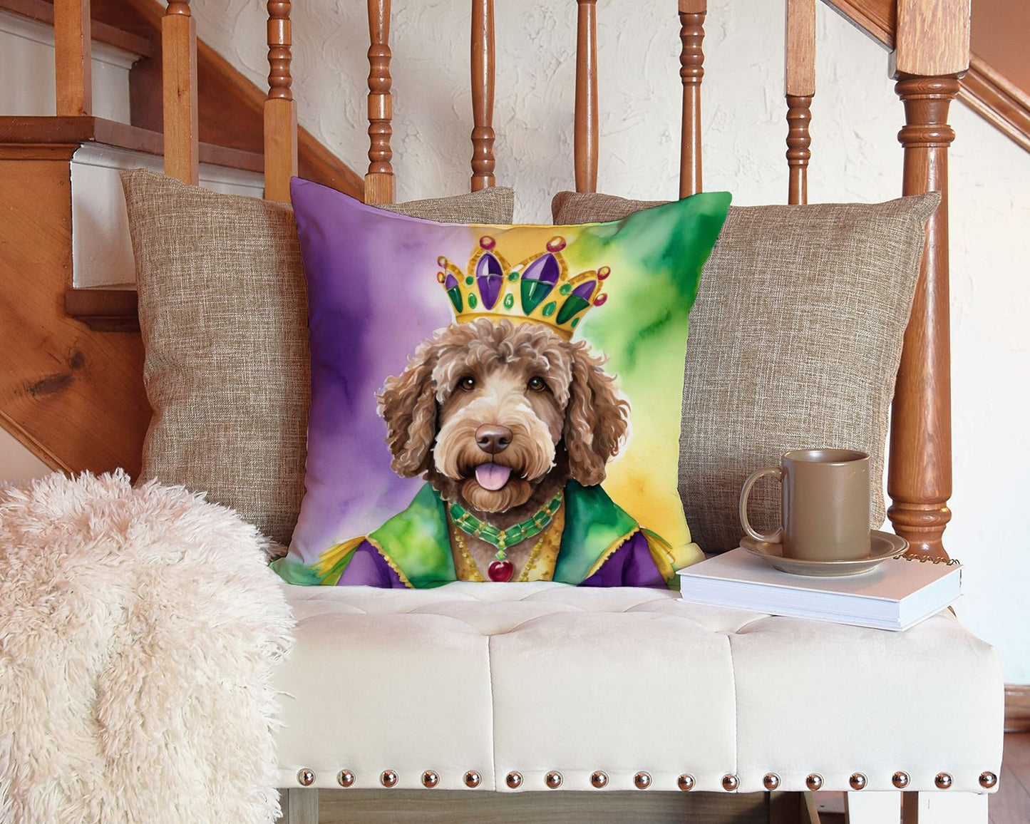 Labradoodle King of Mardi Gras Throw Pillow Machine Washable, Indoor Outdoor Decorative Pillow for Couch, Bed or Patio, 14Hx14W